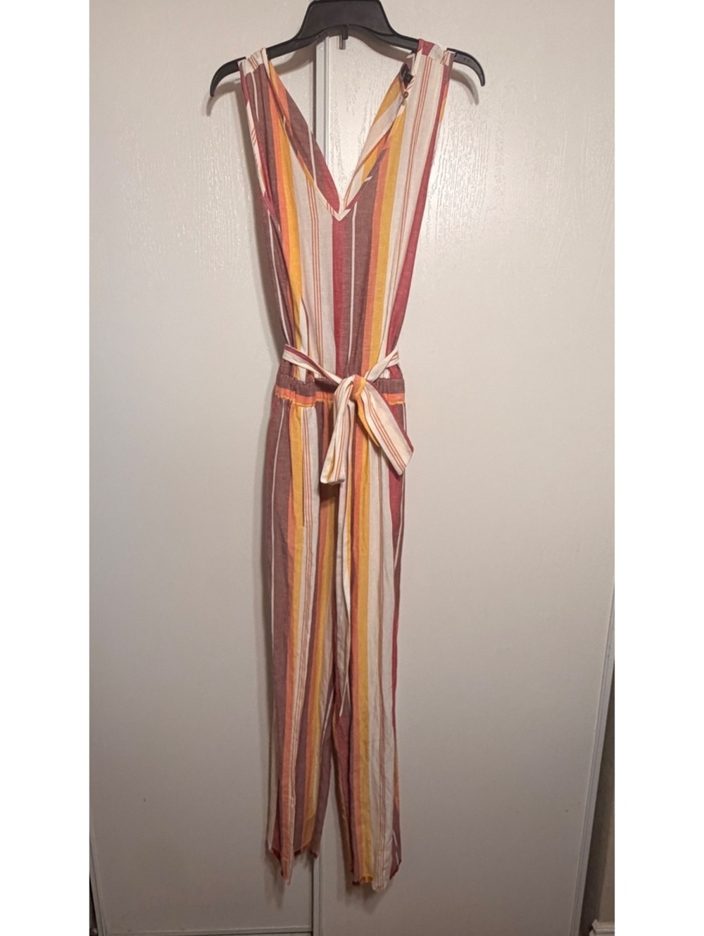 Drew Womenβs Large Striped Sleeveless Tie Waist Jumpsuit Linen Blend